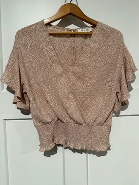 She + Sky Blush Dot Print Flutter Sleeve Smocked Hem Blouse Button Front Closure